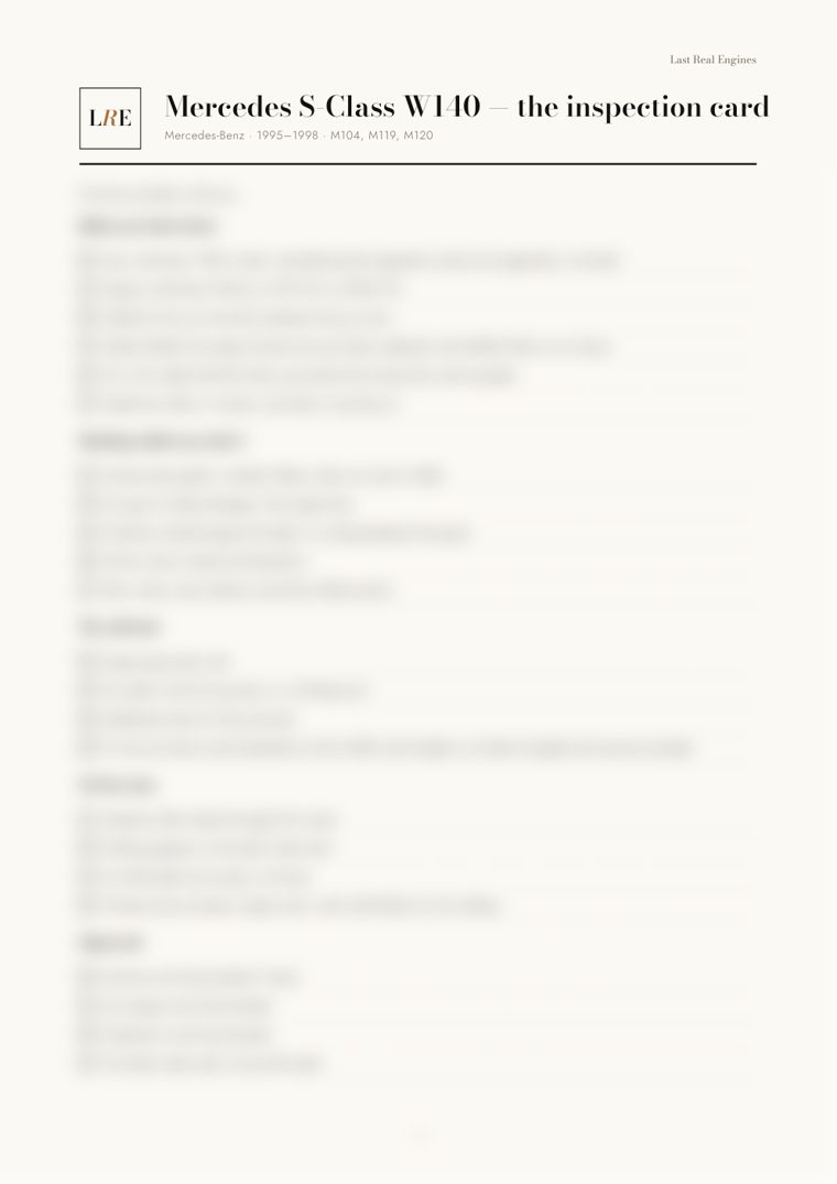 The Mercedes S-Class W140 inspection card
